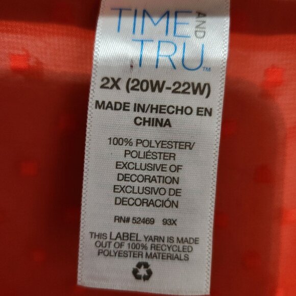 Womens Time And Tru Red Orange Sheer Dot V-Neck Dress Drawstring Waist 2X Beach - Picture 2 of 15